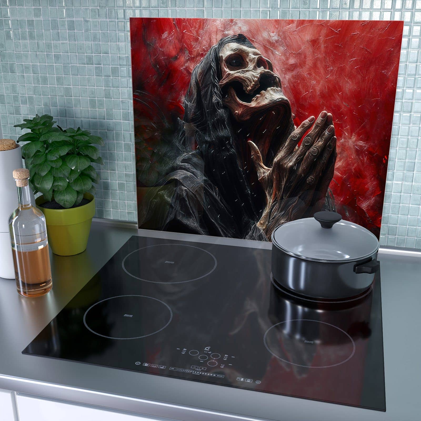 1-teilige Glasabdeckplatte für Ceranfeld mit Skelettbetende Hände-Motiv als Spritzschutz hinter dem Kochfeld