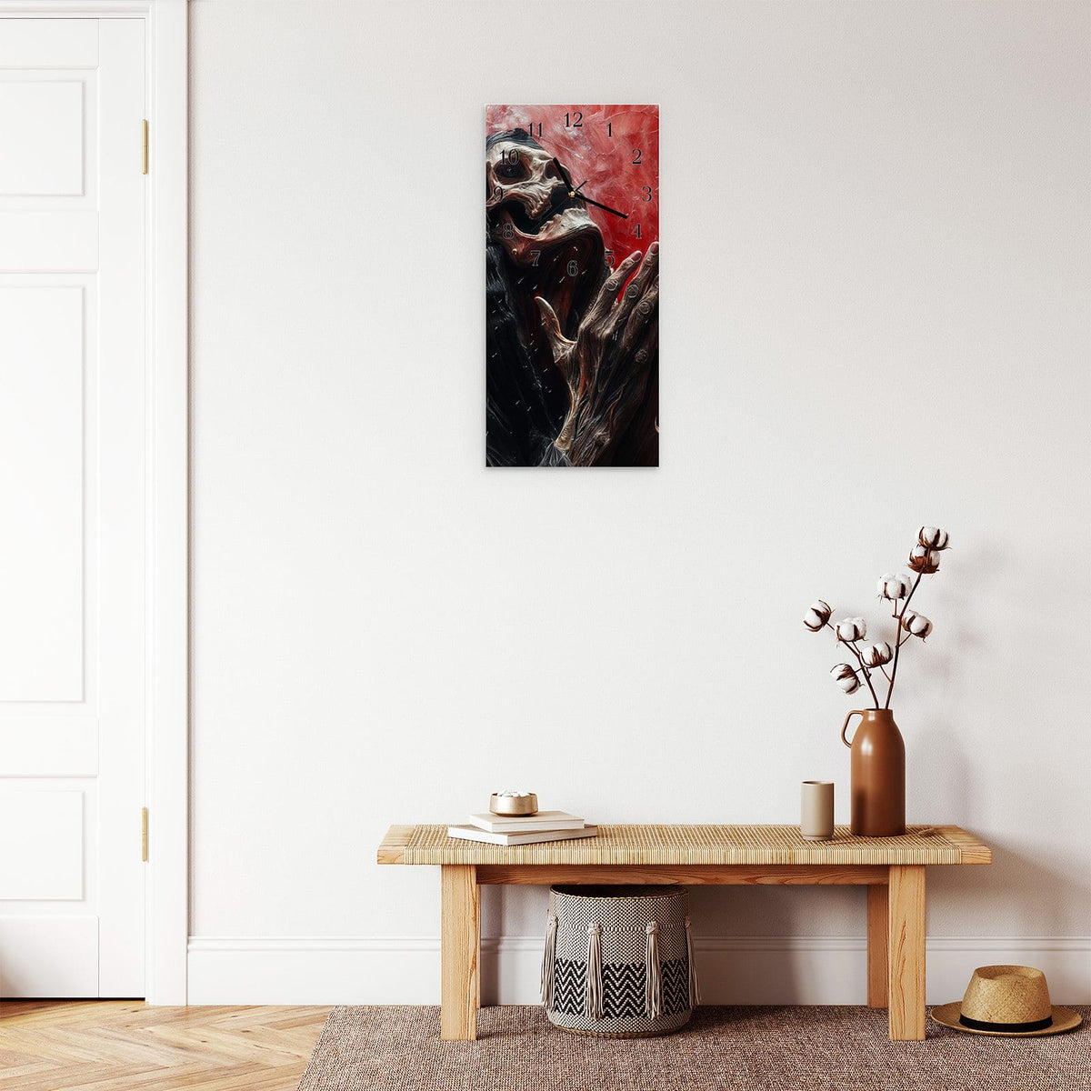 Moderne Wanduhr aus Glas mit Farbtiefe – Wanduhr Skelettbetende Hände aus Glas – Hochformat 30 × 60 cm