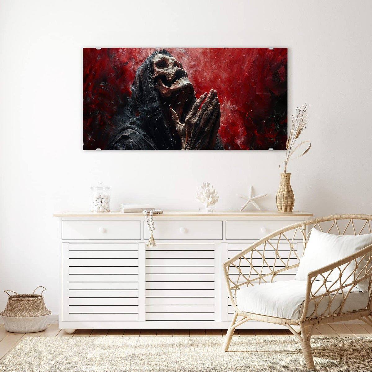 Echtglas, 4 mm – kein Acryl, keine Folie – Wandbild - Betendes Skelett - Querformat