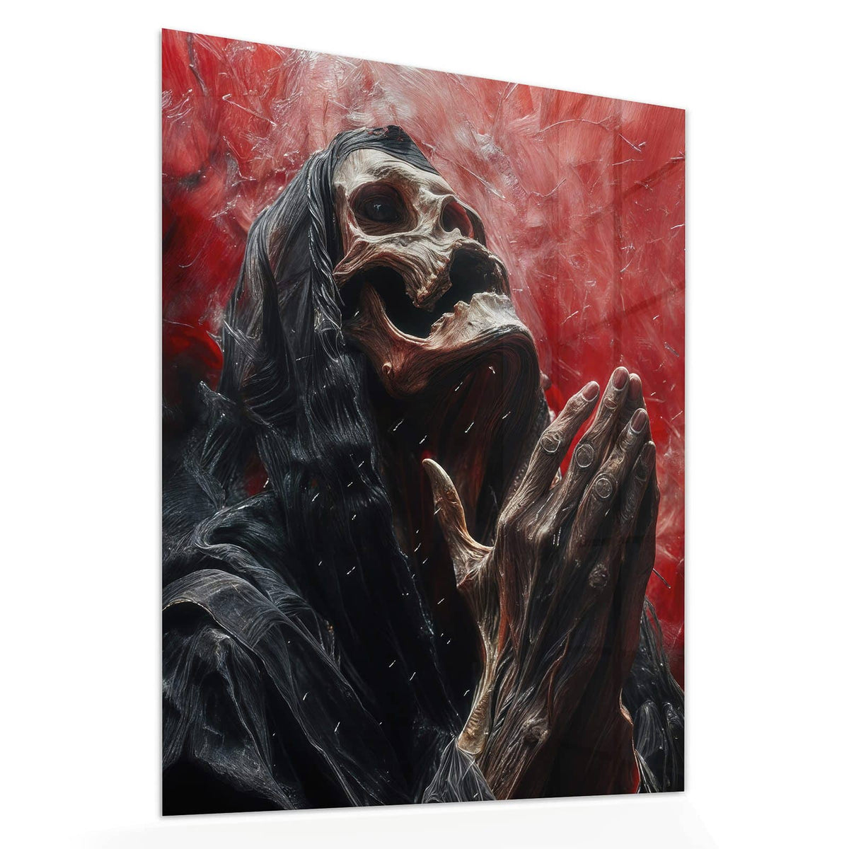 Echtglas, 4 mm – kein Acryl, keine Folie – Wandbild - Betendes Skelett - Hochformat