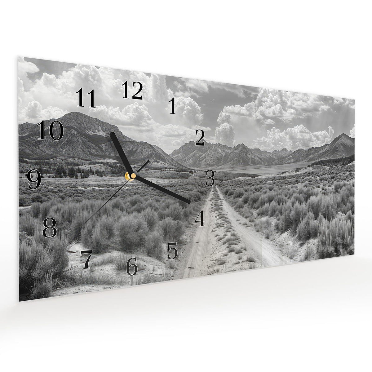 Vormontiert – mit Schwebeeffekt – Wanduhr Gebirgspanorama aus Glas – Querformat 60 × 30 cm