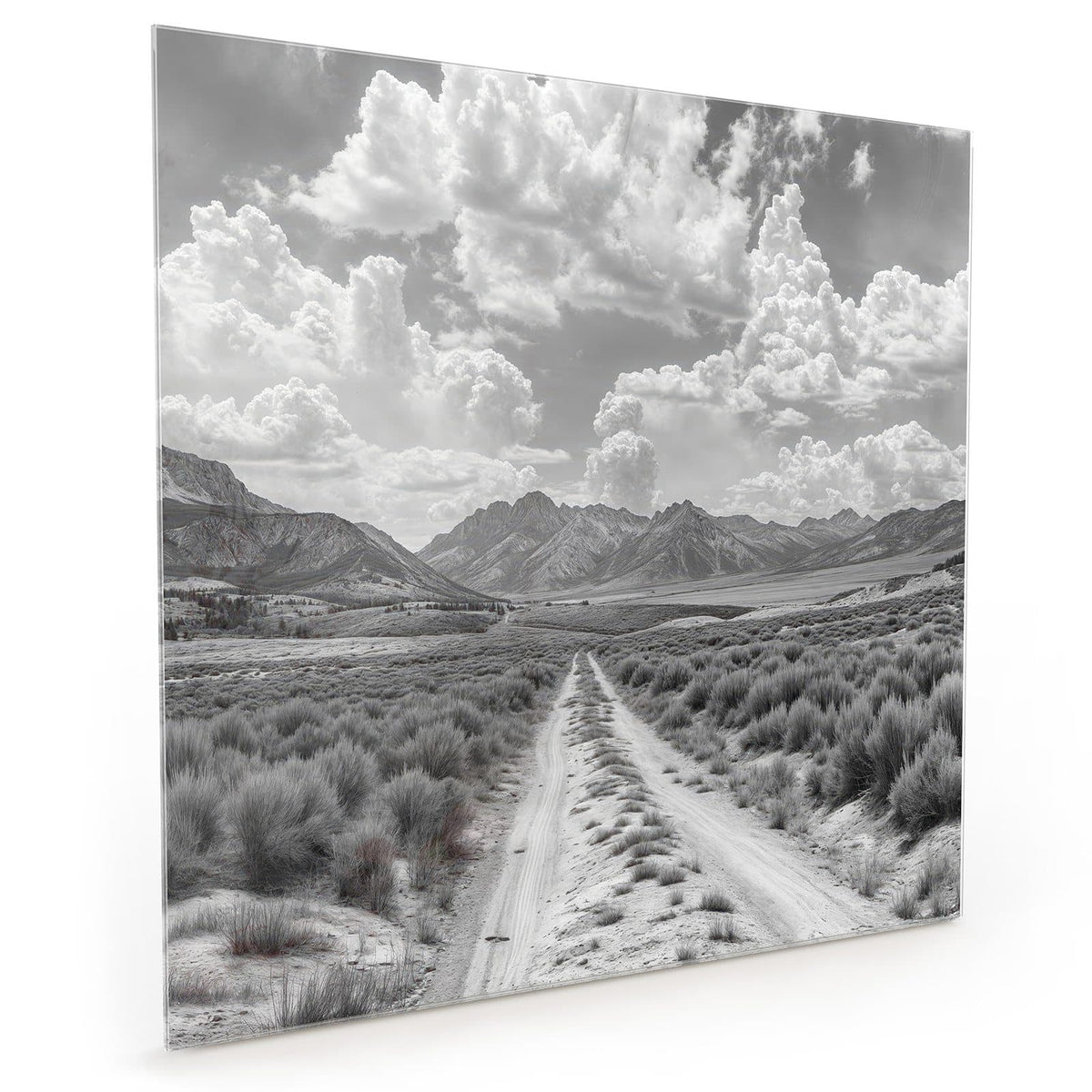 Küchenrückwand aus Glas im quadratischen Format mit Motiv Gebirgspanorama: Schwarzweißer Feldweg durch Buschland auf eine Bergkette unter Quellwolken zu #grösse_40 x 40 cm #grösse_50 x 50 cm #grösse_60 x 60 cm