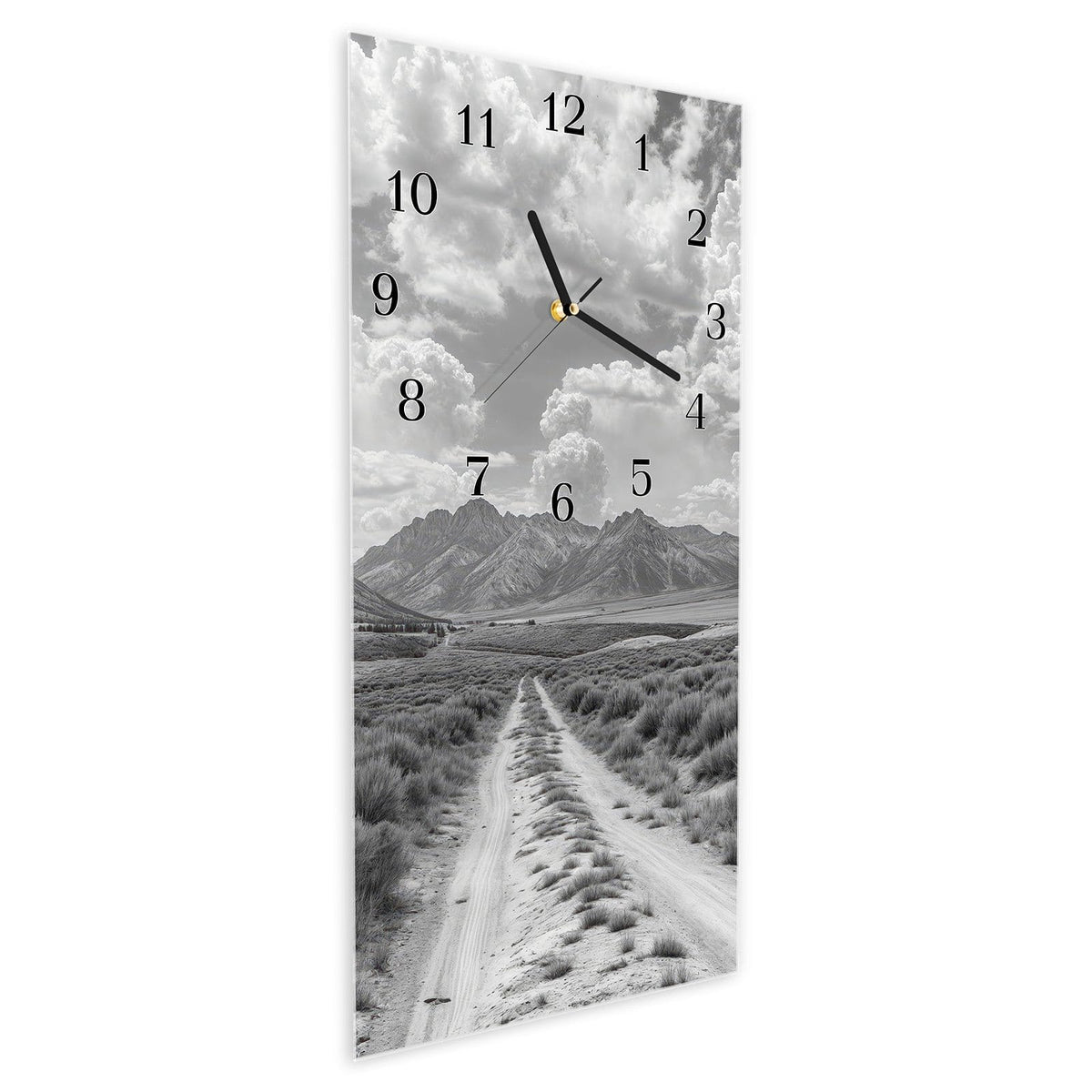Vormontiert – mit Schwebeeffekt – Wanduhr Gebirgspanorama aus Glas – Hochformat 30 × 60 cm