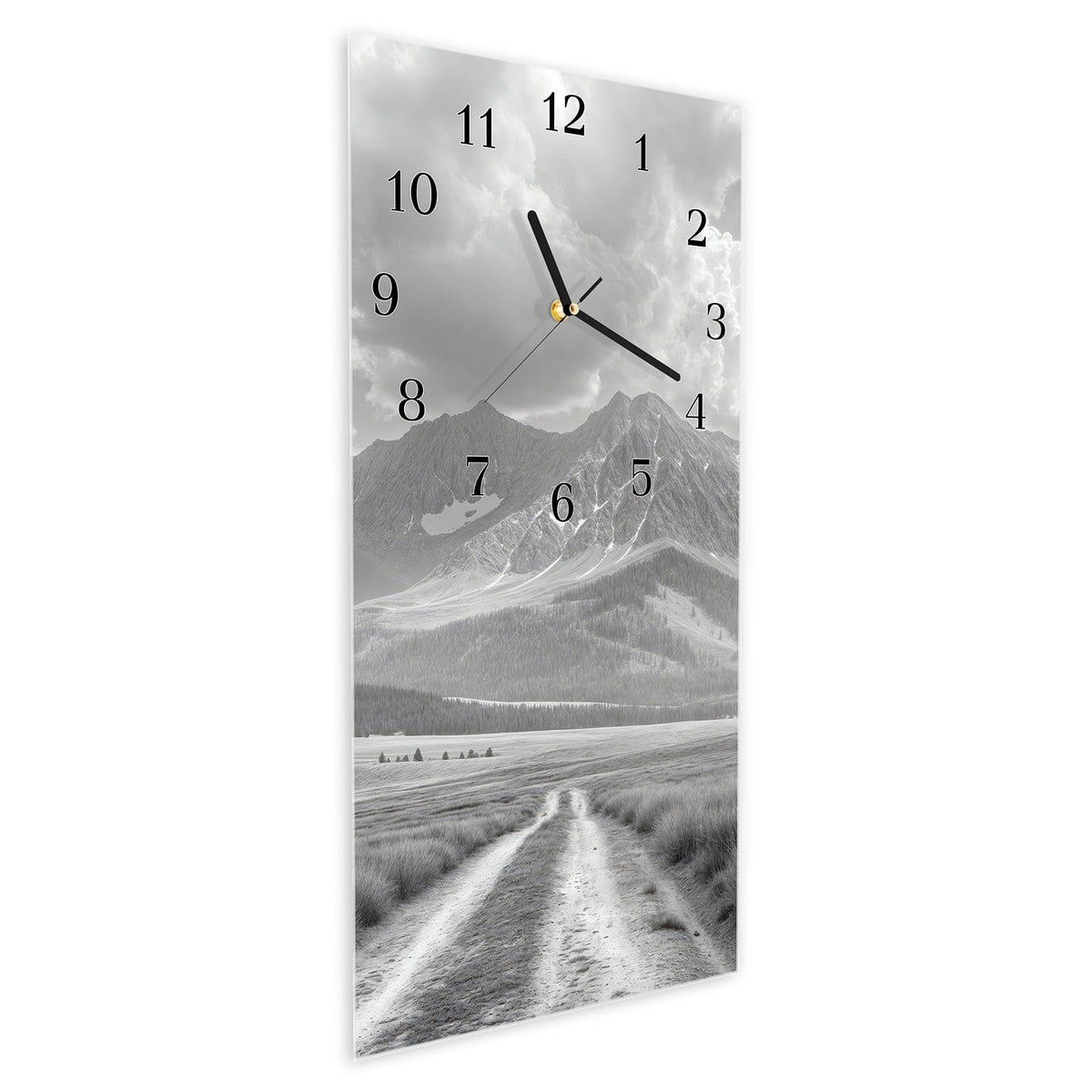 Vormontiert – mit Schwebeeffekt – Wanduhr Berglandschaft Weg aus Glas – Hochformat 30 × 60 cm