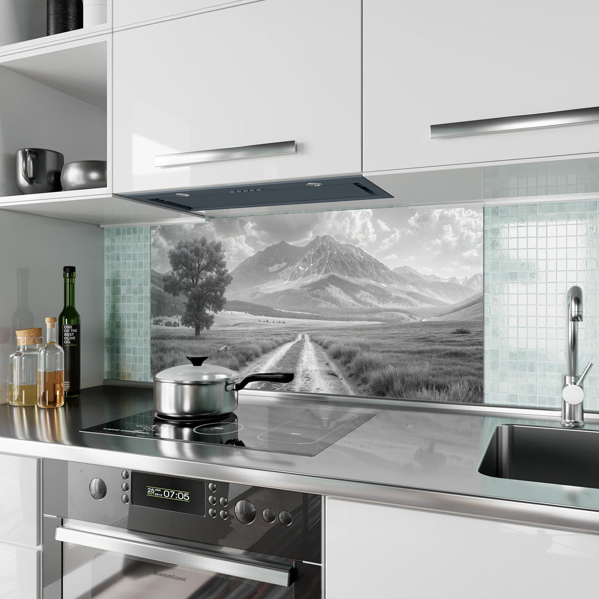 Küchenrückwand aus Glas Einsamer Baum vor Bergen im Hochformat als Spritzschutz hinter dem Kochfeld, über dem Fliesenspiegel montiert