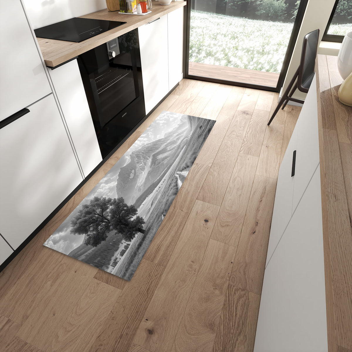Strapazierfähiger Küchenteppich mit Motiv Berglandschaft Weg in moderner Küche