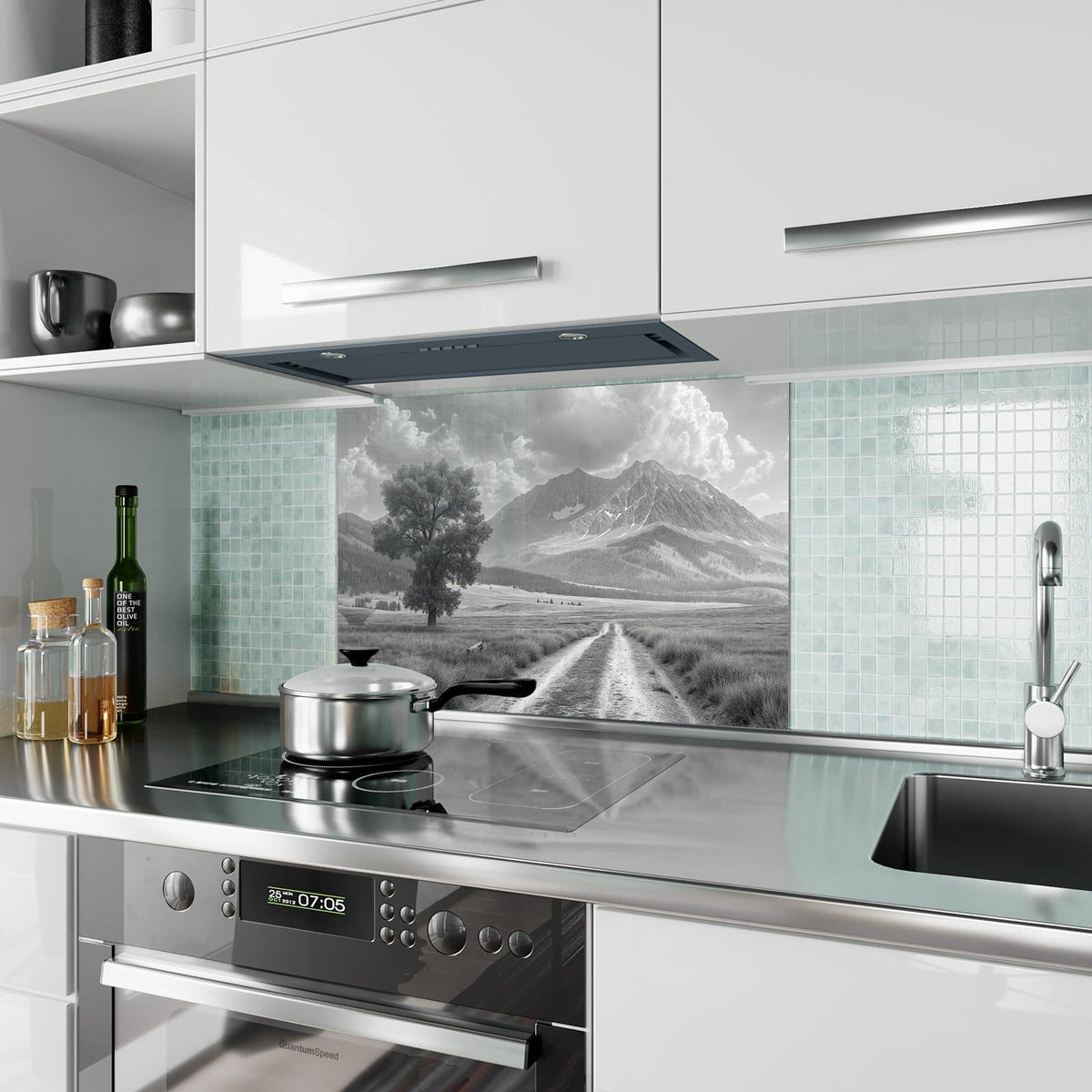 Küchenrückwand aus Glas Einsamer Baum vor Bergen im Hochformat als Spritzschutz hinter dem Kochfeld, über dem Fliesenspiegel montiert