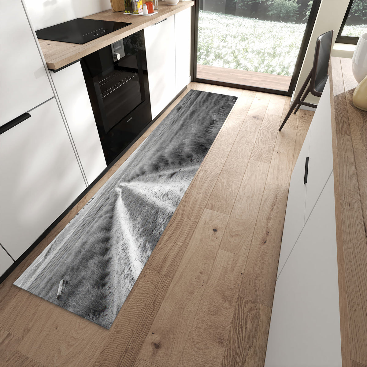 Langlebiger waschbarer Küchenteppich mit Motiv Berglandschaft Weg in moderner Küche