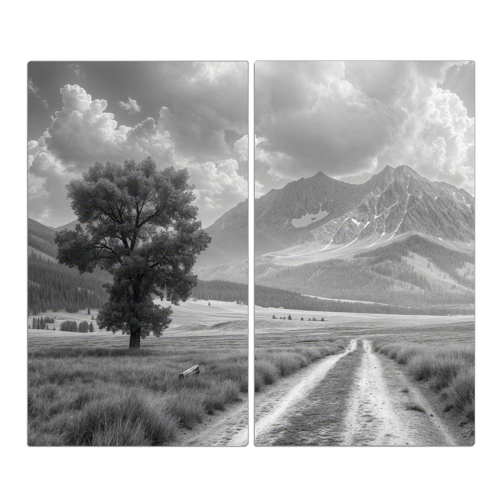 2-teilige Herdabdeckplatten mit Berglandschaft Weg-Motiv in der Frontansicht #grösse_2-Teilig (60x52cm)