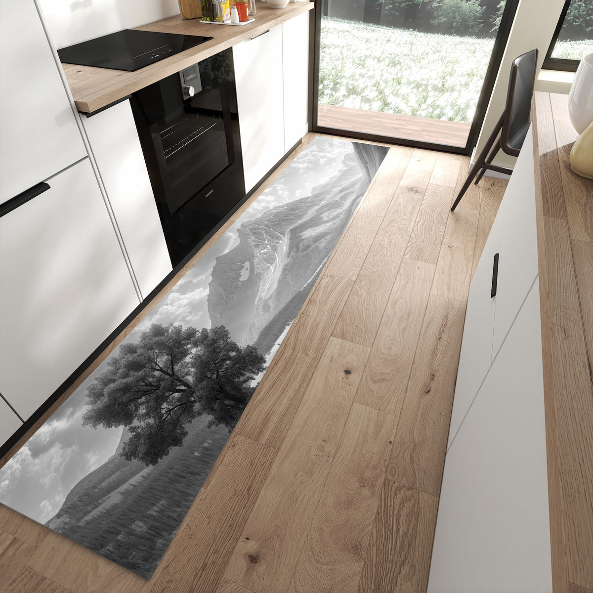 Rutschfester großer Küchenteppich mit Motiv Berglandschaft Weg in moderner Küche