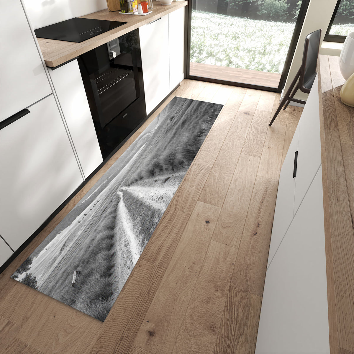 Waschbarer Küchenteppich mit Motiv Berglandschaft Weg in moderner Küche