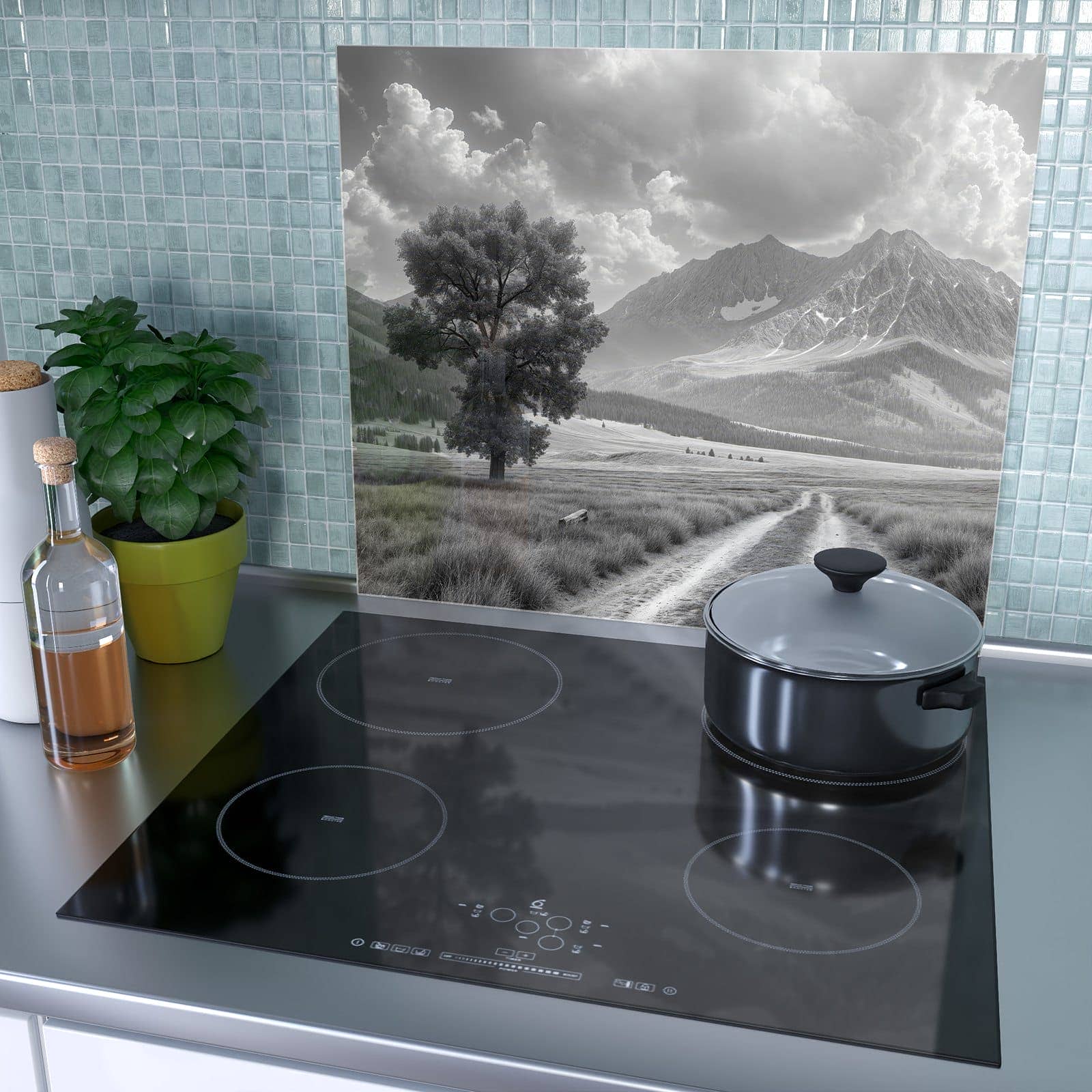 1-teilige Ceranfeldabdeckung mit Berglandschaft Weg-Motiv als Spritzschutz hinter dem Kochfeld