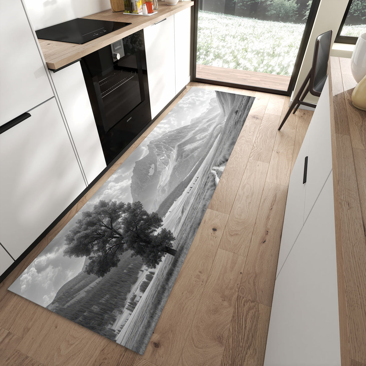 Bodenschonender Küchenläufer mit Motiv Berglandschaft Weg in moderner Küche