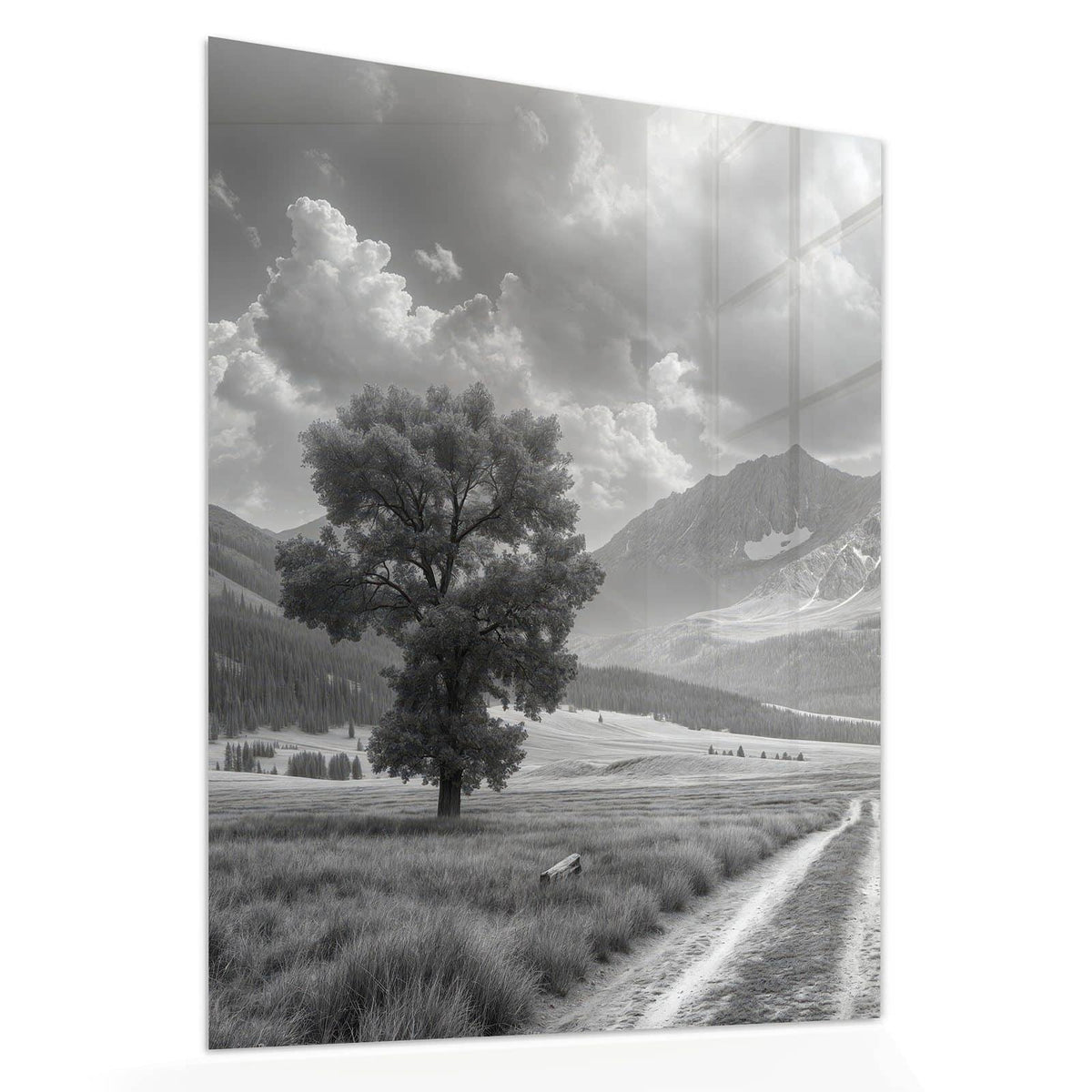 Echtglas, 4 mm – kein Acryl, keine Folie – Wandbild - Einsamer Baum vor Bergen - Hochformat