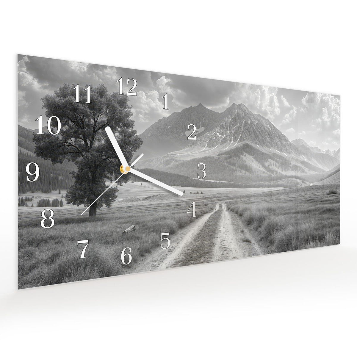 Vormontiert – mit Schwebeeffekt – Wanduhr Berglandschaft Weg aus Glas – Querformat 60 × 30 cm
