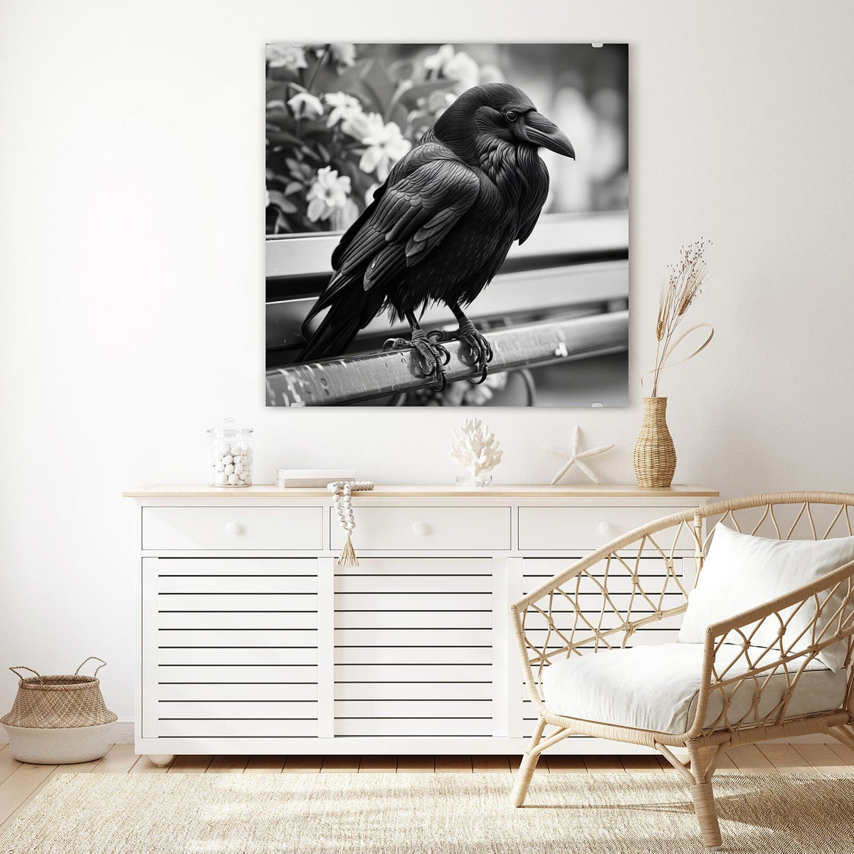 Echtglas, 4 mm – kein Acryl, keine Folie – Wandbild - Rabe auf Bank - Quadratisch