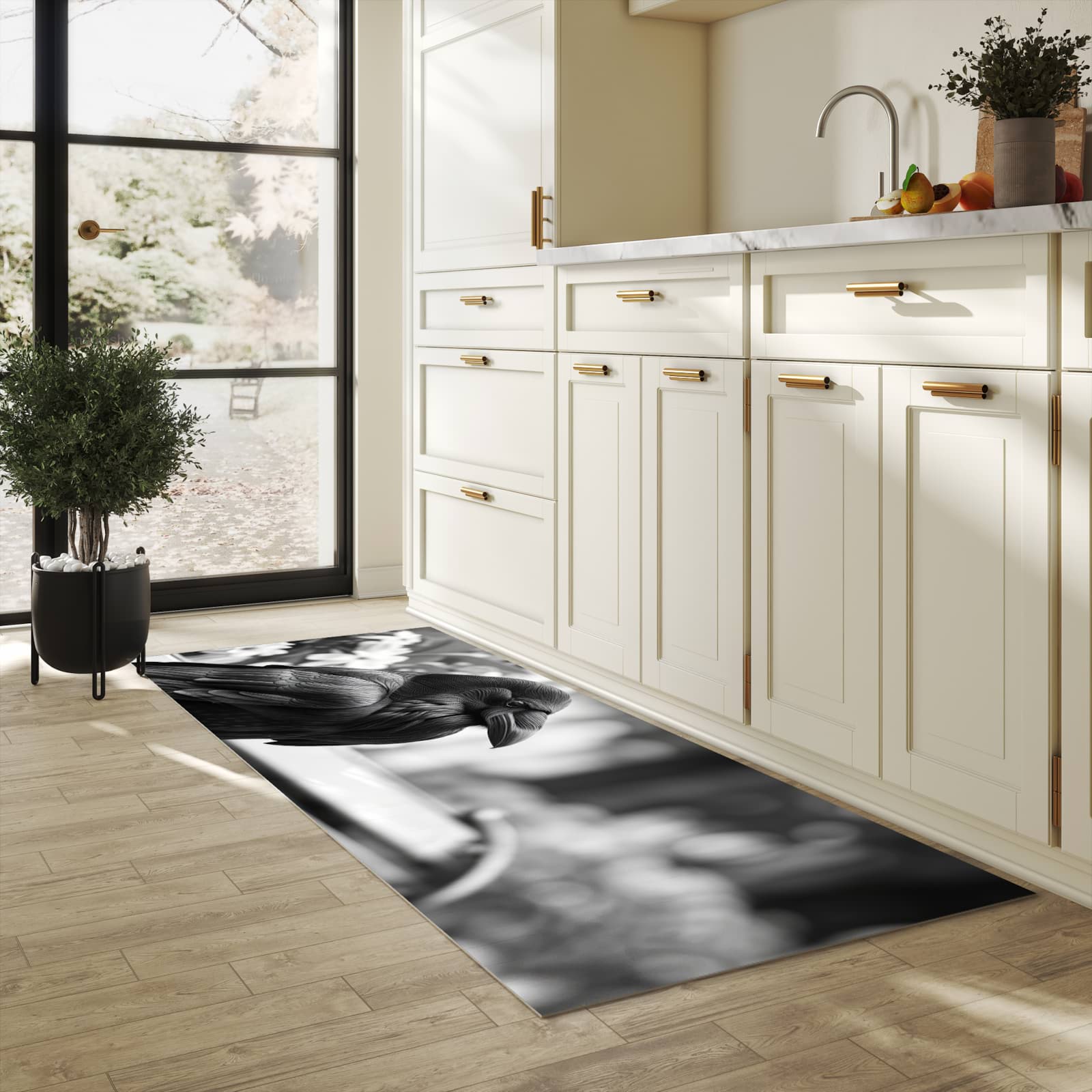 Rutschhemmender Küchenläufer mit Motiv Rabe auf Bank in heller Küche
