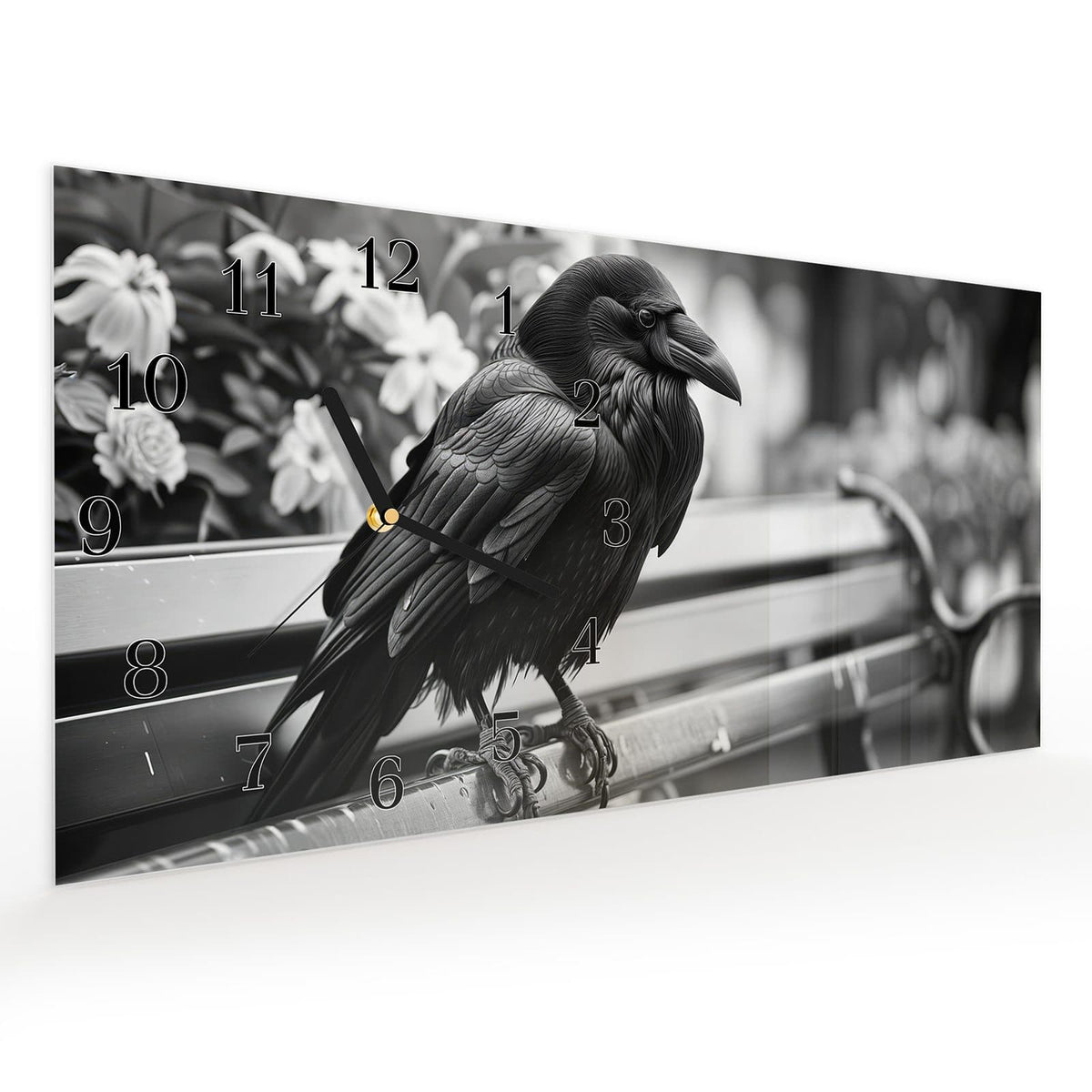 Vormontiert – mit Schwebeeffekt – Wanduhr Rabe auf Bank aus Glas – Querformat 60 × 30 cm