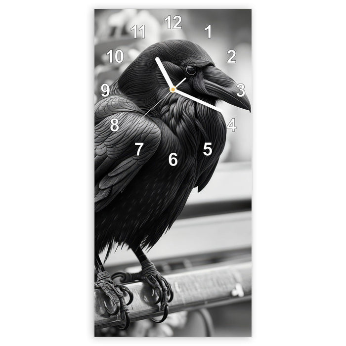 Wanduhr Rabe auf Bank aus Glas – Hochformat 30 × 60 cm mit Ziffernblatt Modern
