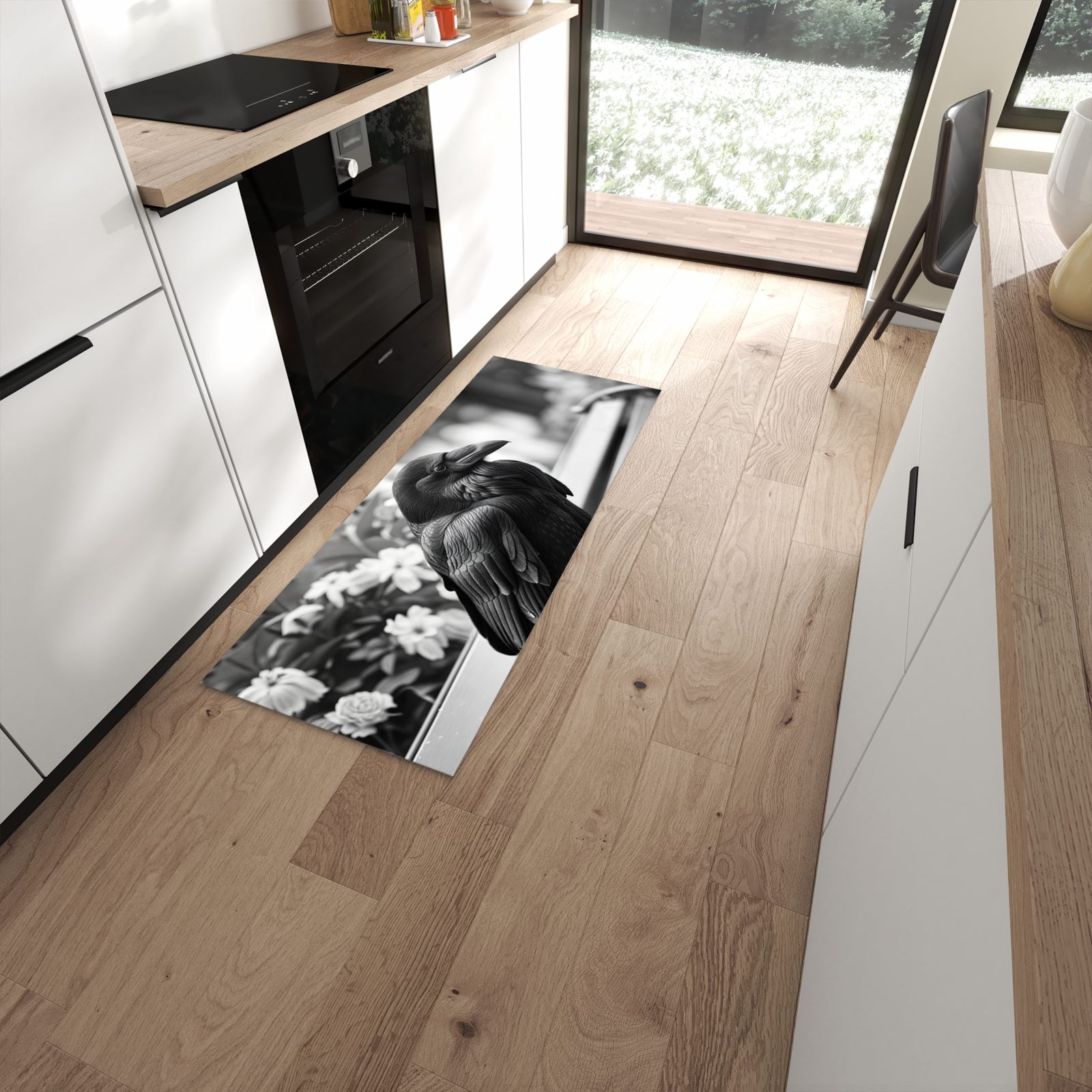 Geräuschdämpfender Küchenteppich mit Motiv Rabe auf Bank in moderner Küche #grösse_60 x 150 cm
