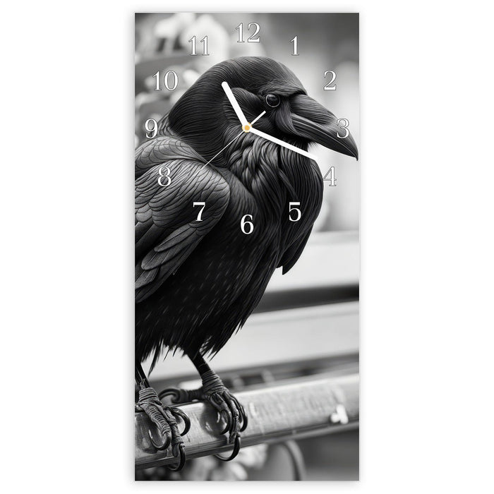 Wanduhr Rabe auf Bank aus Glas – Hochformat 30 × 60 cm mit Ziffernblatt Klassisch