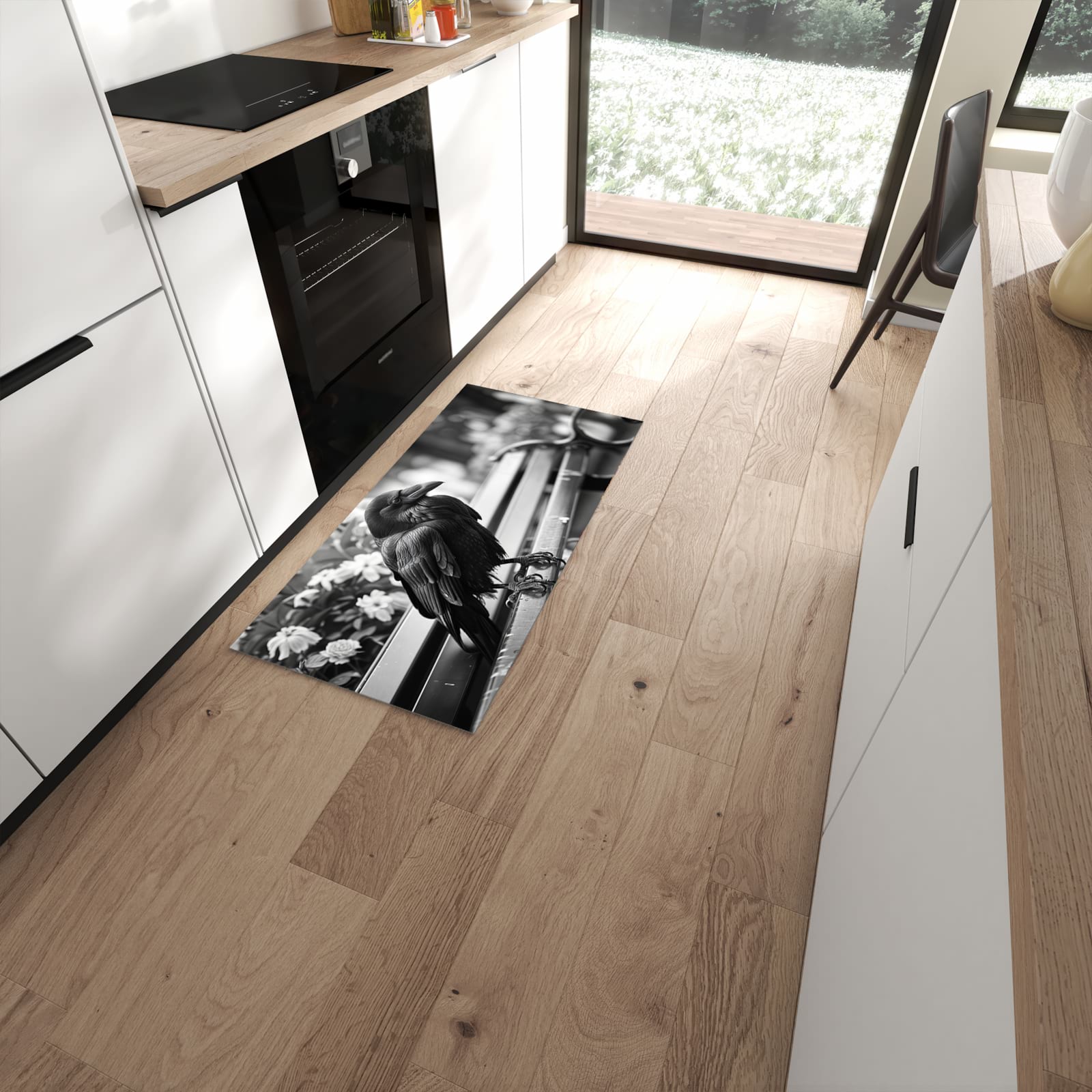 Zeitsparender abwaschbarer Küchenteppich mit Motiv Rabe auf Bank in moderner Küche #grösse_60 x 120 cm