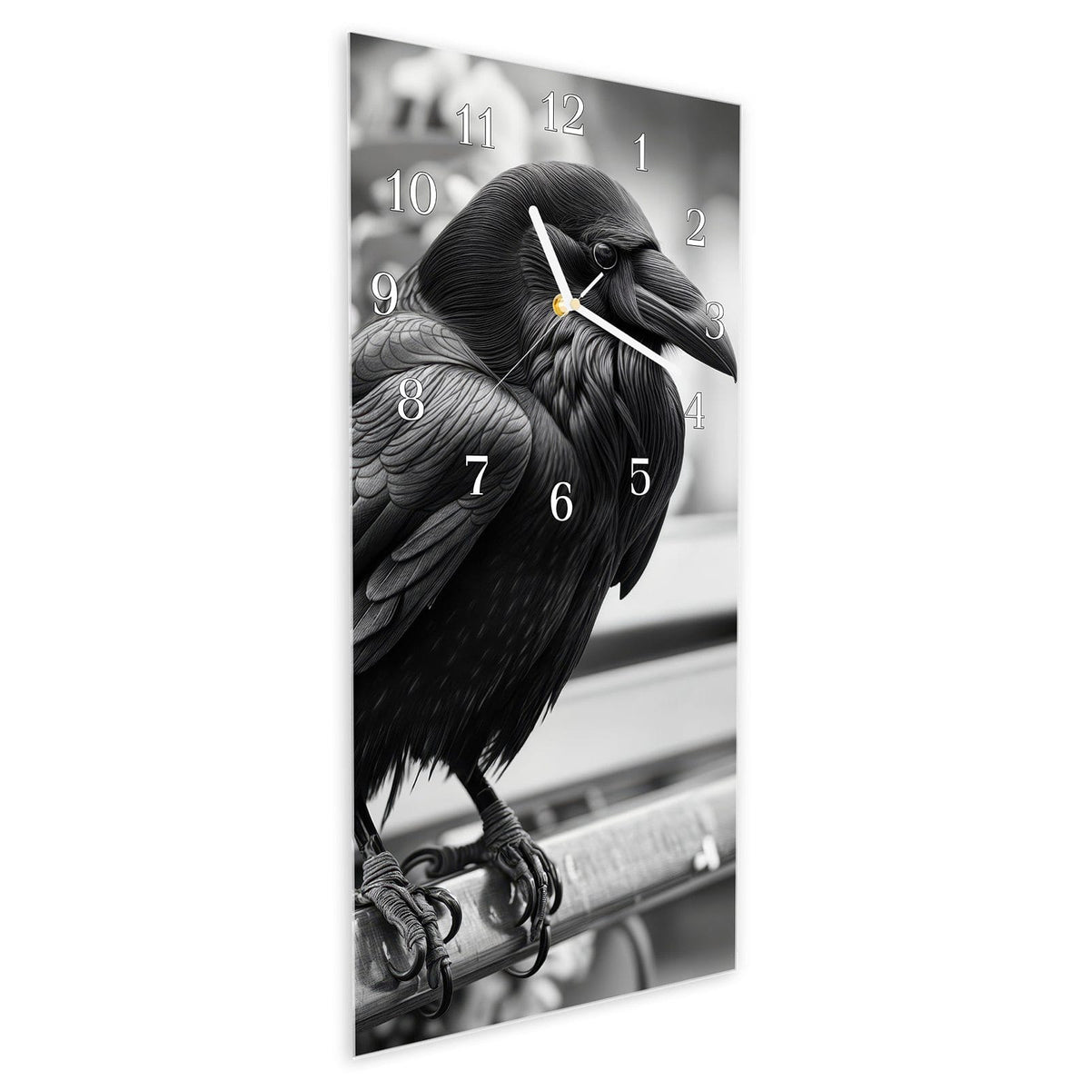 Vormontiert – mit Schwebeeffekt – Wanduhr Rabe auf Bank aus Glas – Hochformat 30 × 60 cm