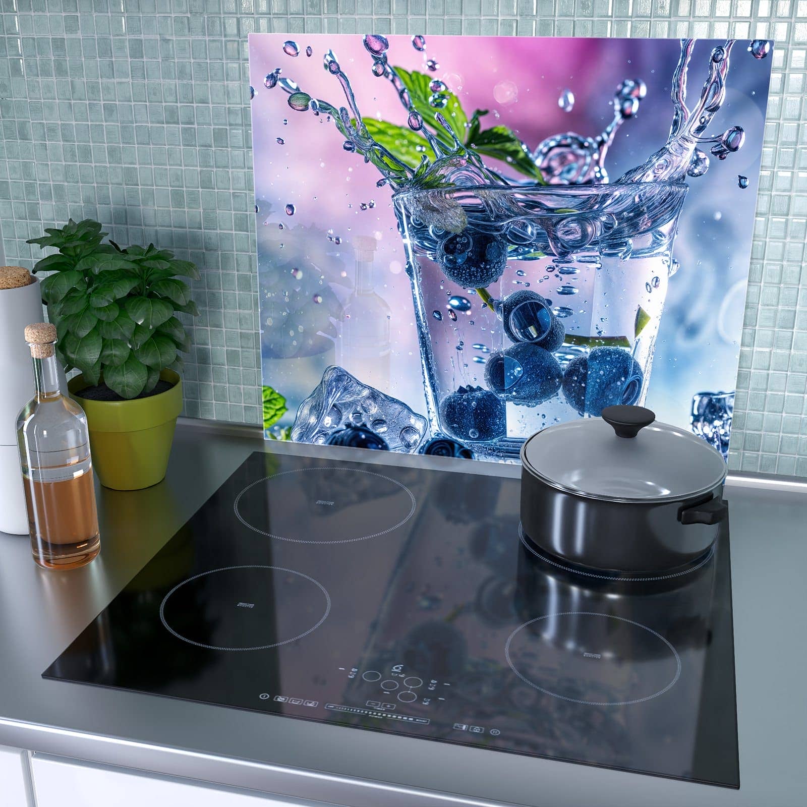 1-teilige Herdabdeckplatte aus Glas mit Erfrischendes Getränk-Motiv als Spritzschutz hinter dem Kochfeld