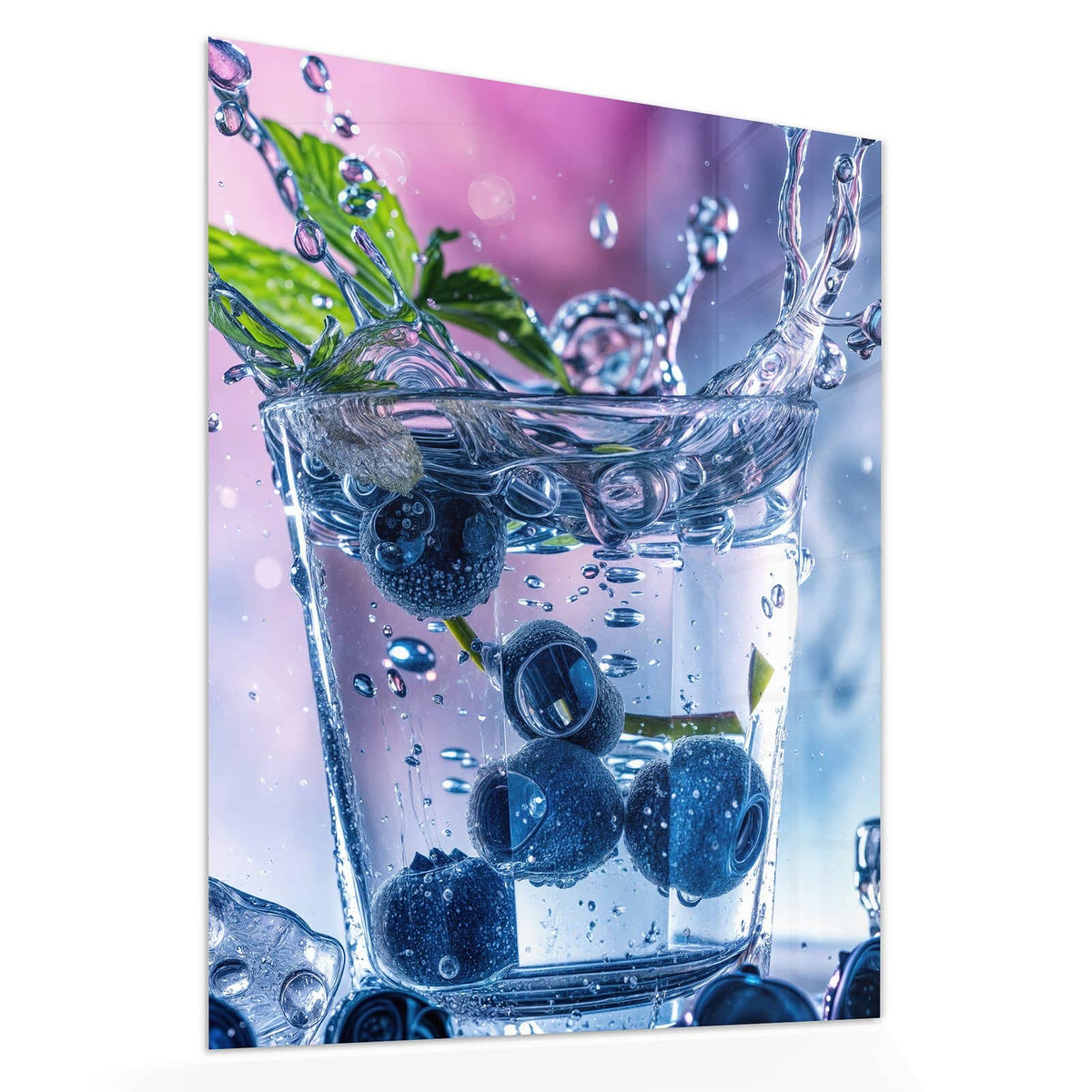 Echtglas, 4 mm – kein Acryl, keine Folie – Wandbild - Blaubeeren im Glas - Hochformat
