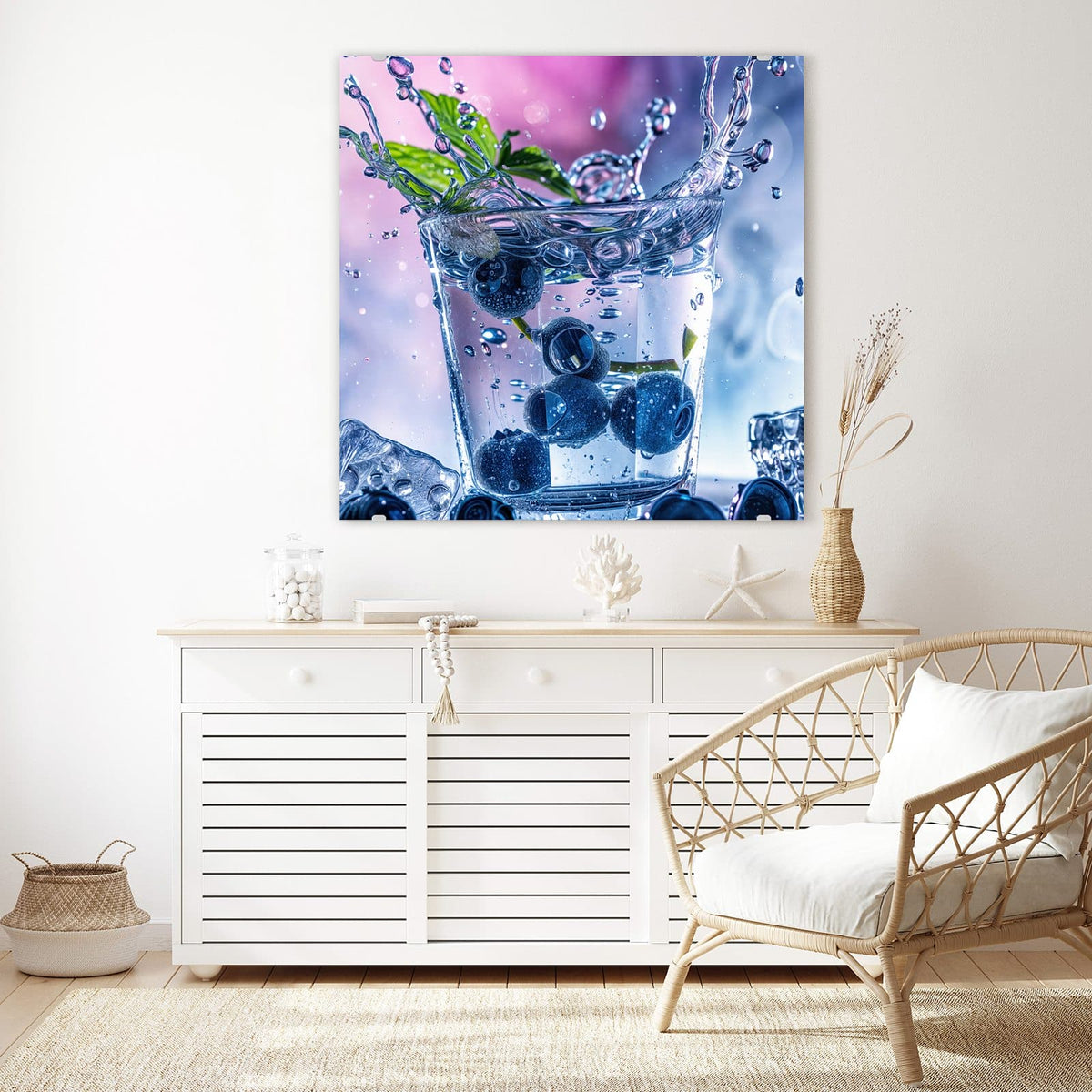 Echtglas, 4 mm – kein Acryl, keine Folie – Wandbild - Blaubeeren im Glas - Quadratisch