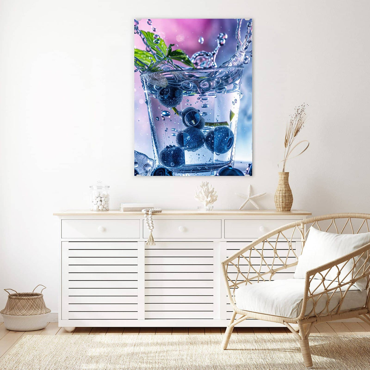 Aufhängung liegt bei – Motiv später wechselbar – Wandbild - Blaubeeren im Glas - Hochformat