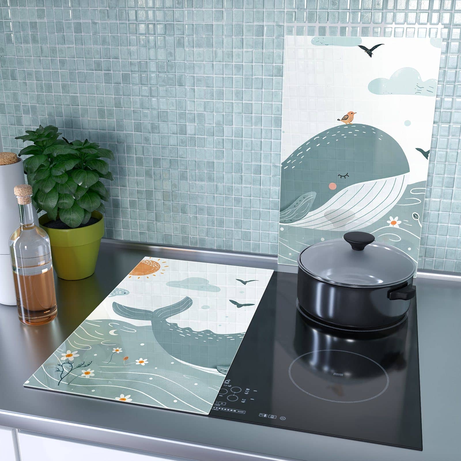 2-teilige Herdabdeckplatten aus Glas mit Schlafender Wal-Motiv als Spritzschutz hinter dem Kochfeld