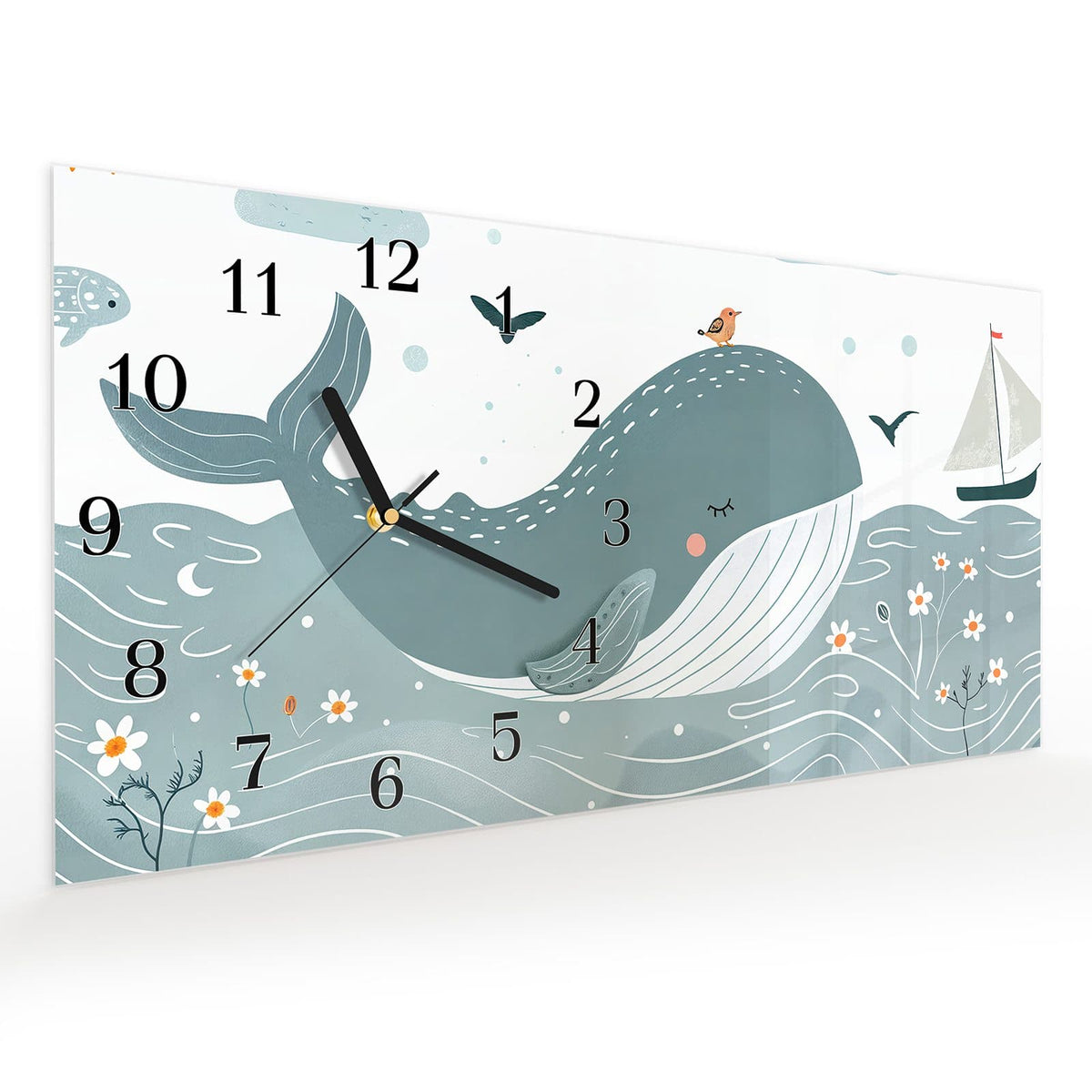 Vormontiert – mit Schwebeeffekt – Wanduhr Schlafender Wal aus Glas – Querformat 60 × 30 cm