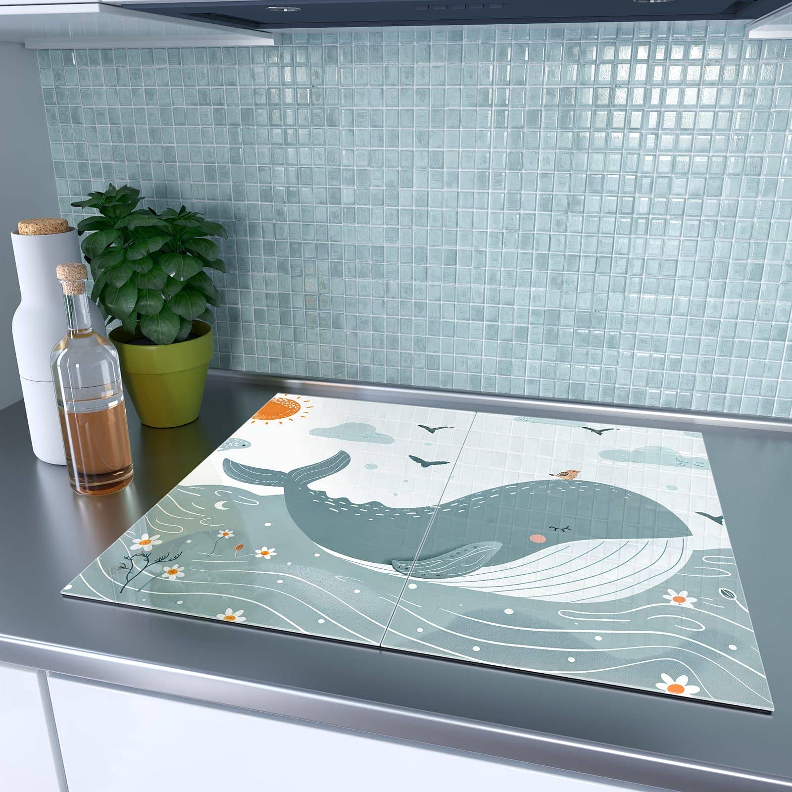 2-teilige Abdeckplatten für Ceranfeld mit Schlafender Wal-Motiv auf dem Ceranfeld