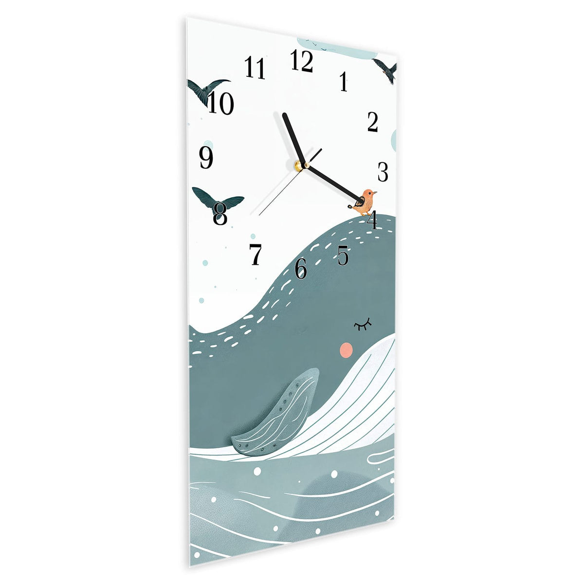 Vormontiert – mit Schwebeeffekt – Wanduhr Schlafender Wal aus Glas – Hochformat 30 × 60 cm