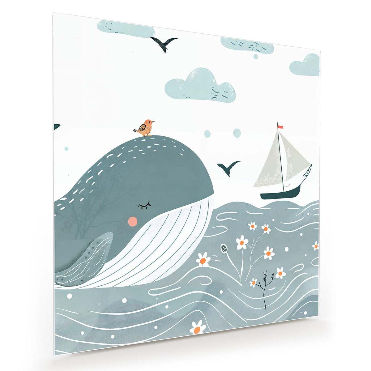 Illustrierter Wal mit geschlossenem Auge (Wimpern) und rosa Wange im Wellenmeer, Vogel auf dem Rücken, Segelboot und Möwen