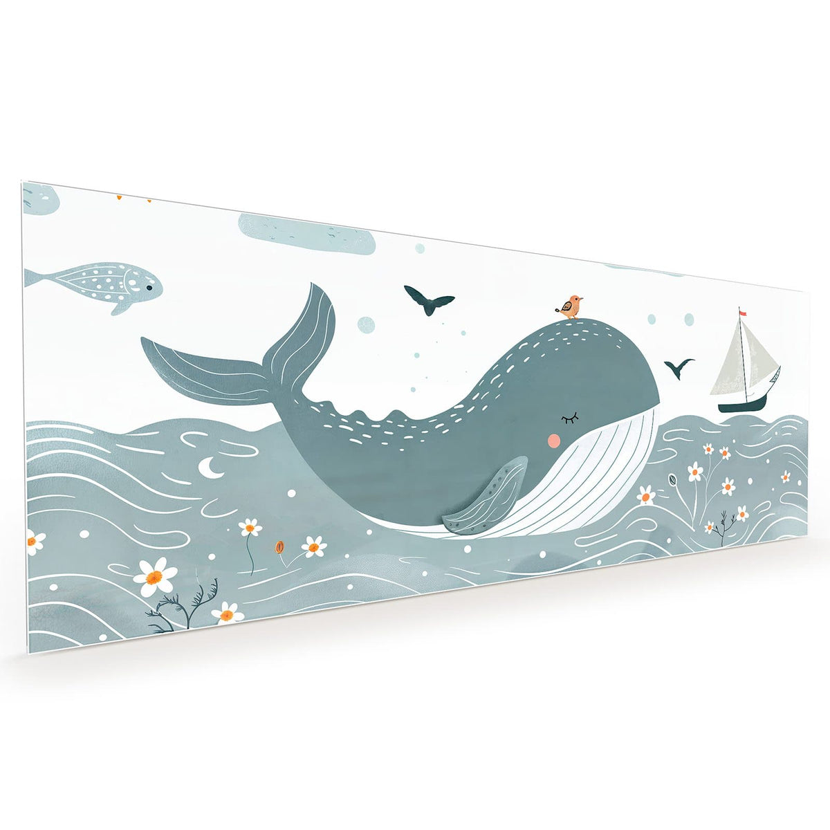 Küchenrückwand aus Glas im Hochformat mit Motiv Schlafender Wal: Illustrierter Wal mit geschlossenem Auge (Wimpern) und rosa Wange im Wellenmeer #grösse_40 x 100 cm #grösse_50 x 125 cm #grösse_60 x 150 cm