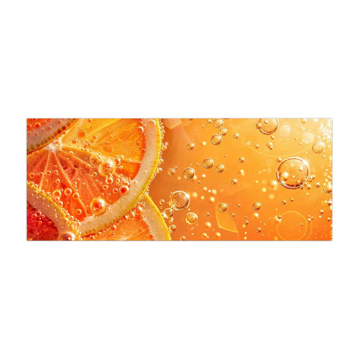 Küchenrückwand aus Glas Orangen im Sprudel im Hochformat, Motiv bildfüllend von vorn