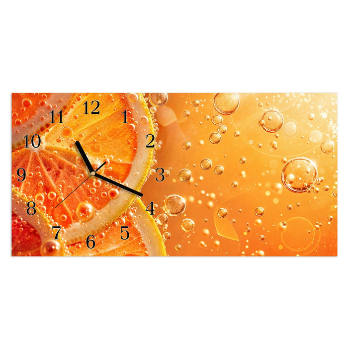 Wanduhr Spritzige Orange aus Glas – Querformat 60 × 30 cm mit Ziffernblatt Klassisch
