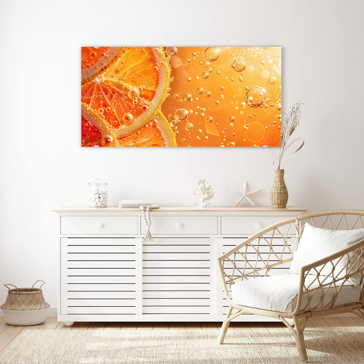 Echtglas, 4 mm – kein Acryl, keine Folie – Wandbild - Orangen im Sprudel - Querformat