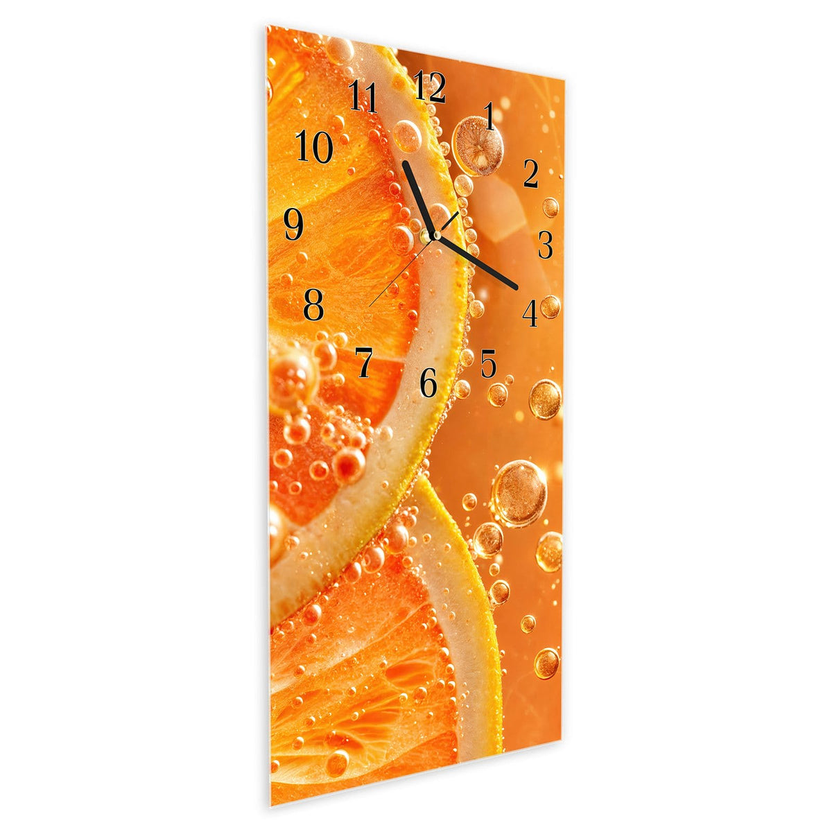 Vormontiert – mit Schwebeeffekt – Wanduhr Spritzige Orange aus Glas – Hochformat 30 × 60 cm