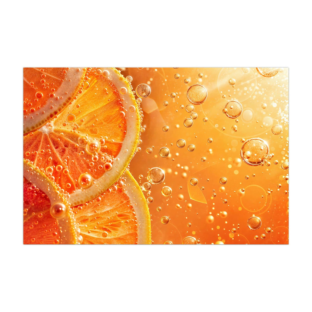 Küchenrückwand aus Glas Orangen im Sprudel im Hochformat, Motiv bildfüllend von vorn