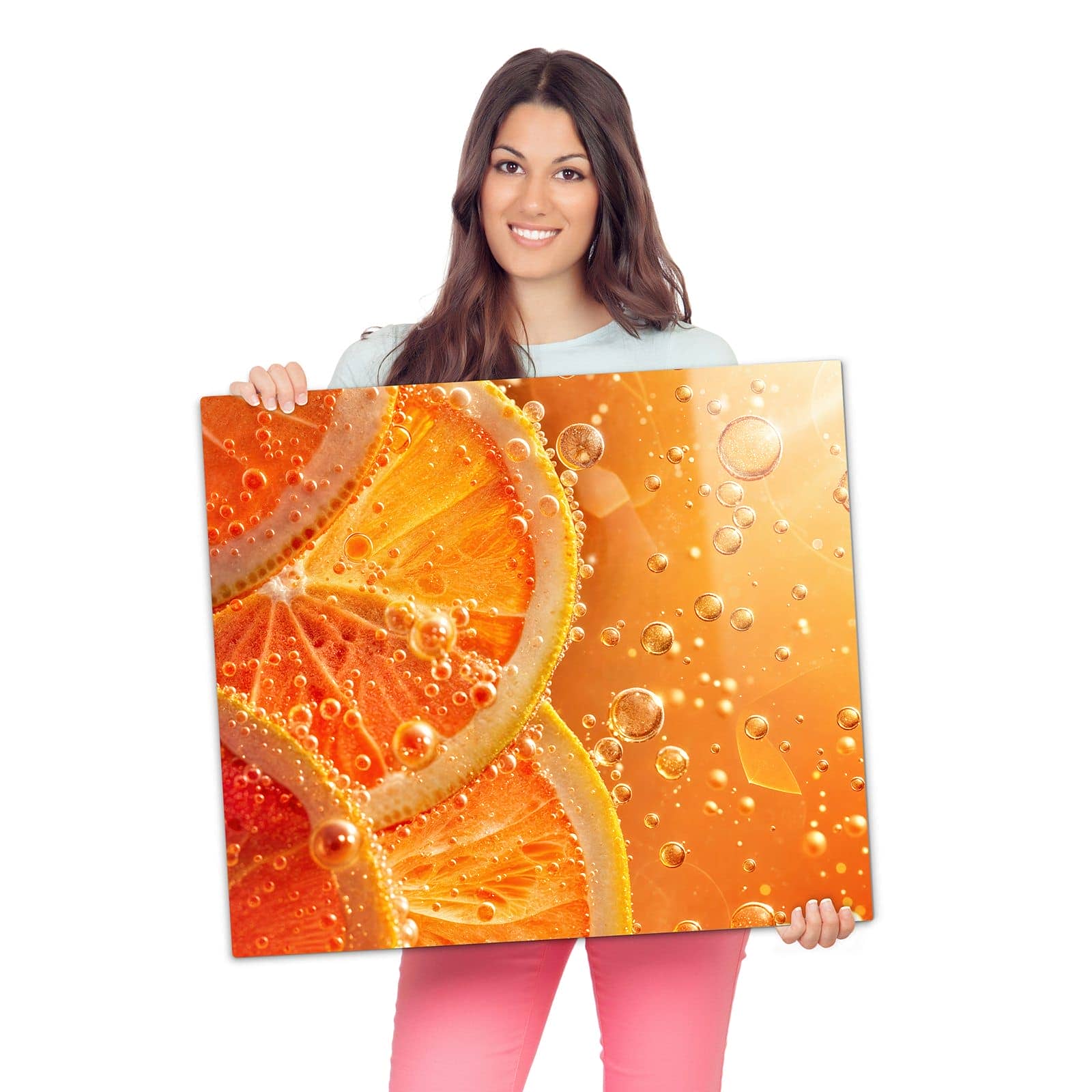 Ceranfeld-Abdeckplatten mit Spritzige Orange-Motiv werden zur Größendarstellung gehalten