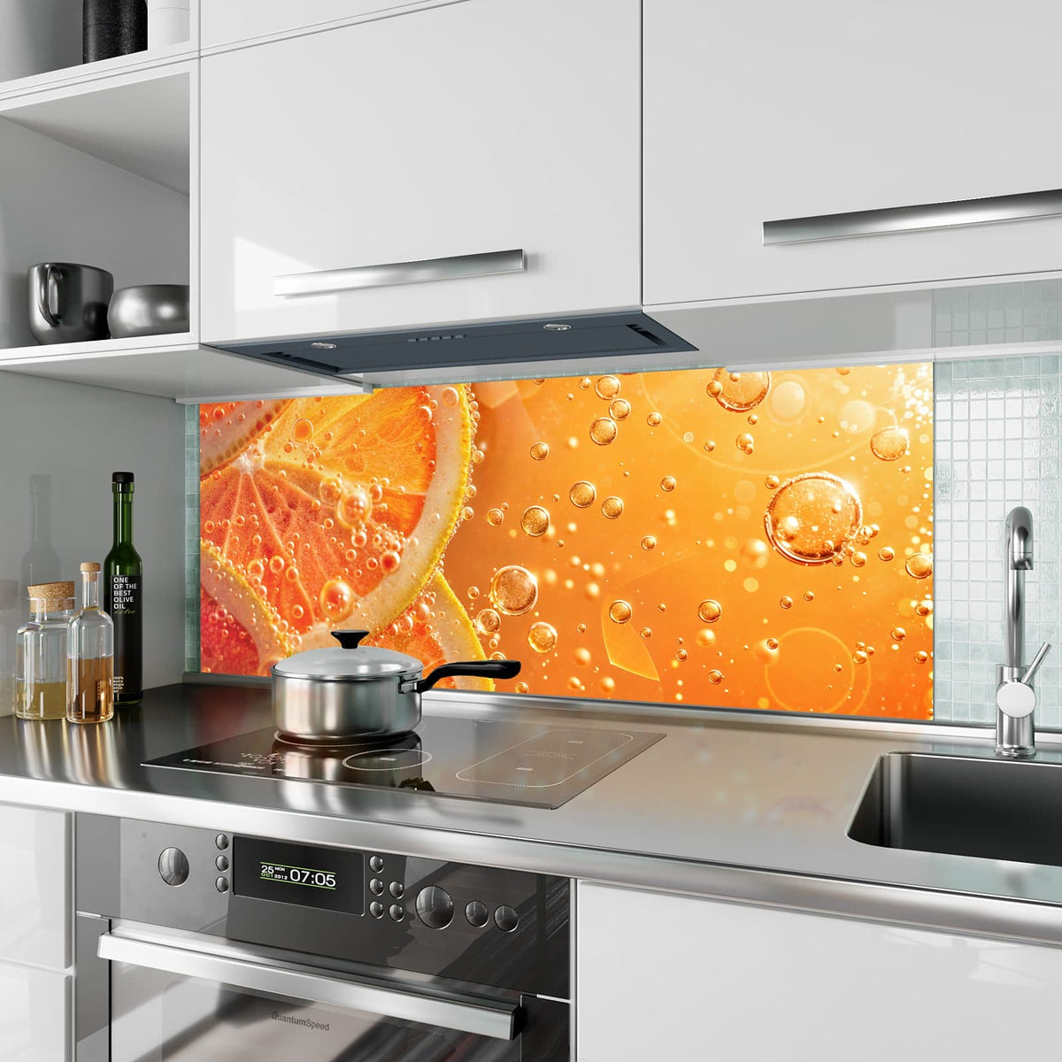 Küchenrückwand aus Glas Orangen im Sprudel im Hochformat als Spritzschutz hinter dem Kochfeld, über dem Fliesenspiegel montiert