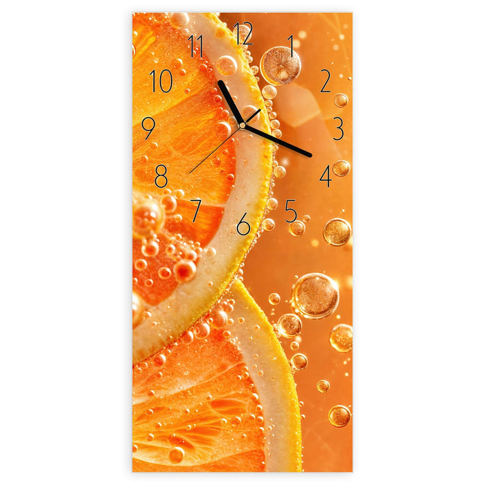 Wanduhr Spritzige Orange aus Glas – Hochformat 30 × 60 cm mit Ziffernblatt Elegant