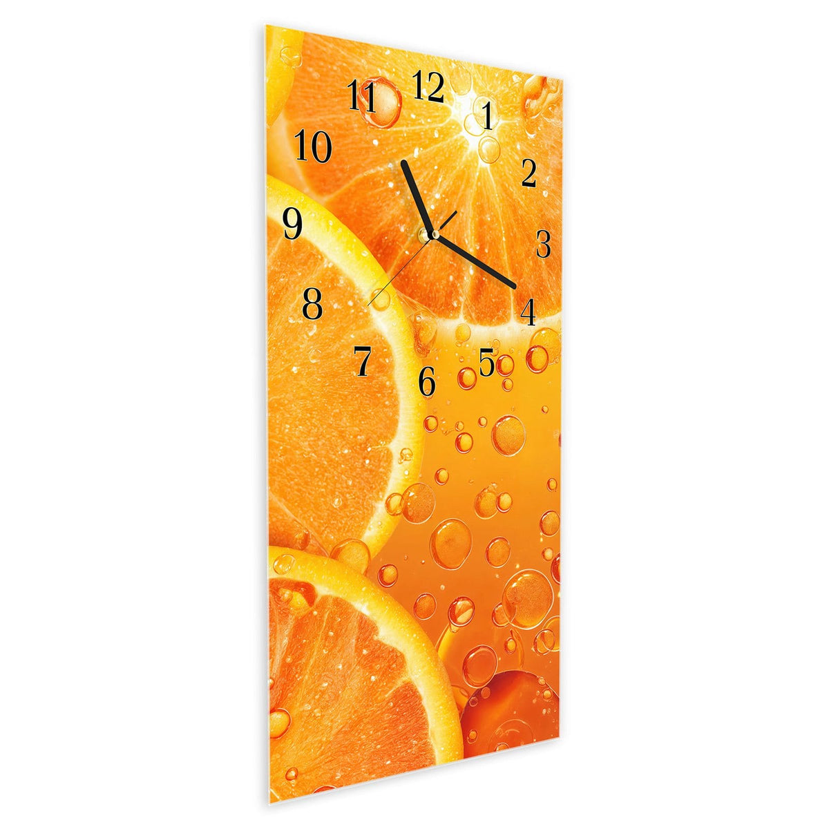 Vormontiert – mit Schwebeeffekt – Wanduhr Erfrischende Orange aus Glas – Hochformat 30 × 60 cm