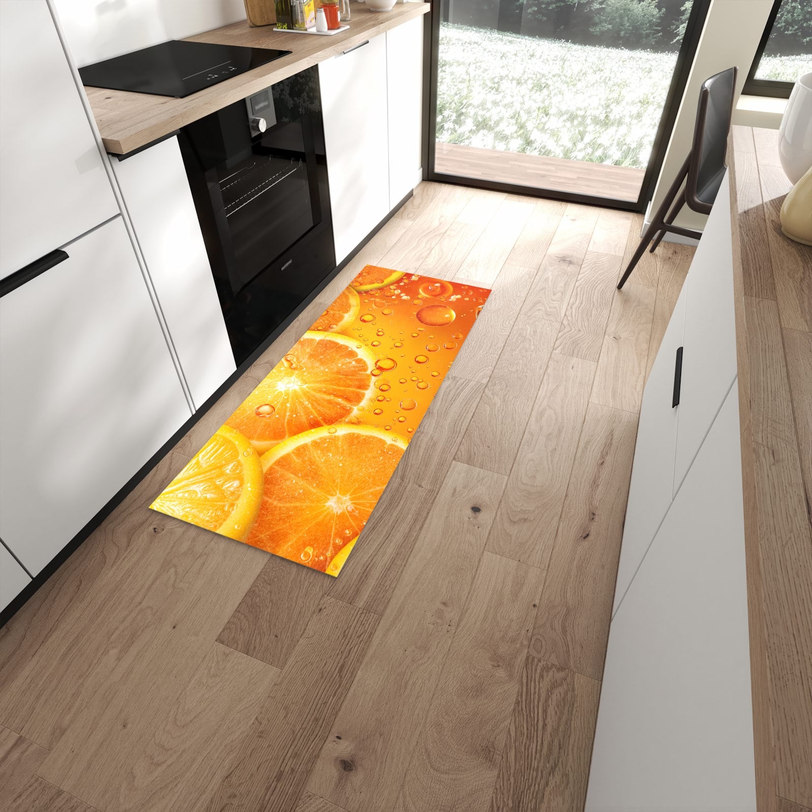 Wasserabweisender Teppich für Küche mit Motiv Erfrischende Orange in moderner Küche #grösse_60 x 150 cm