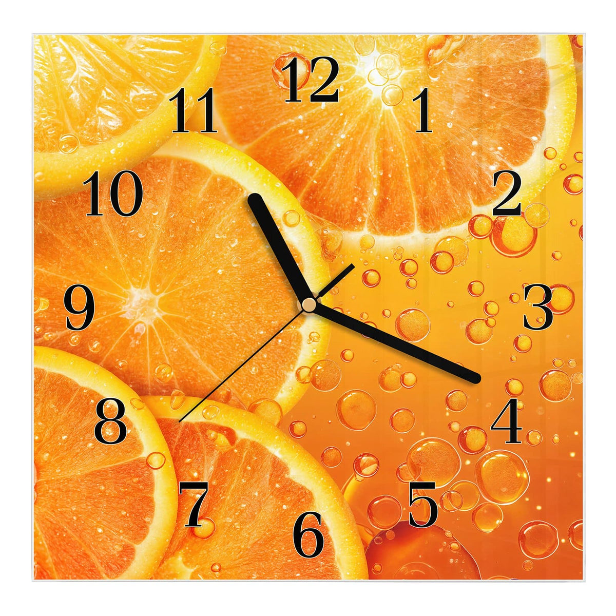 Wanduhr aus Glas, Ziffernblatt Klassisch mit Motiv Sprudelnde Orangen: Orangenscheiben in orangefarbener Flüssigkeit voller aufsteigender Bläschen