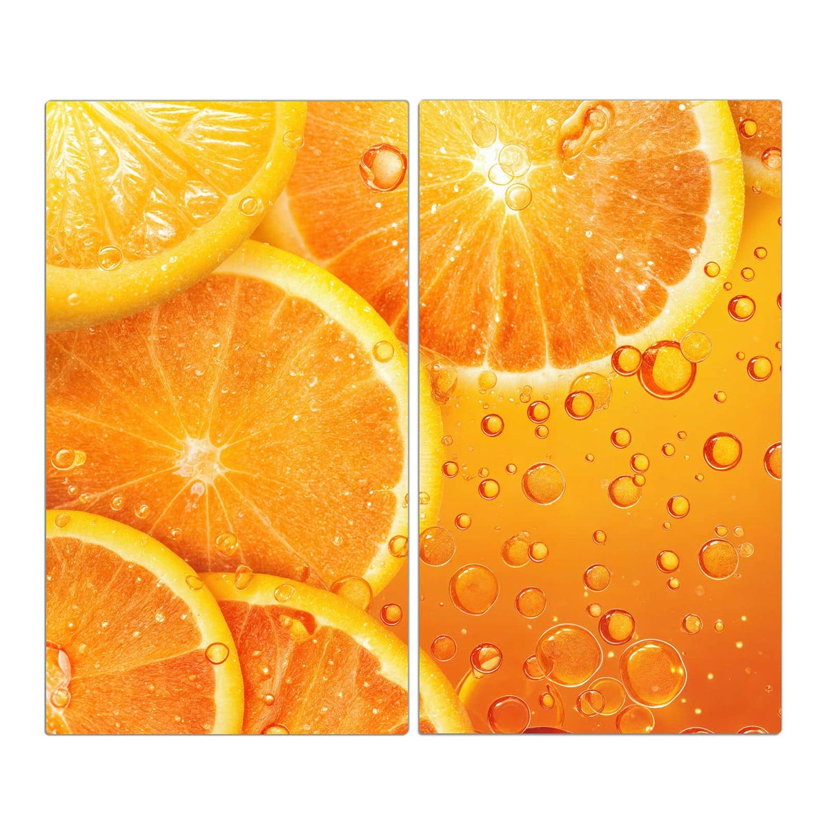 Orangenscheiben in orangefarbener Flüssigkeit voller aufsteigender Bläschen