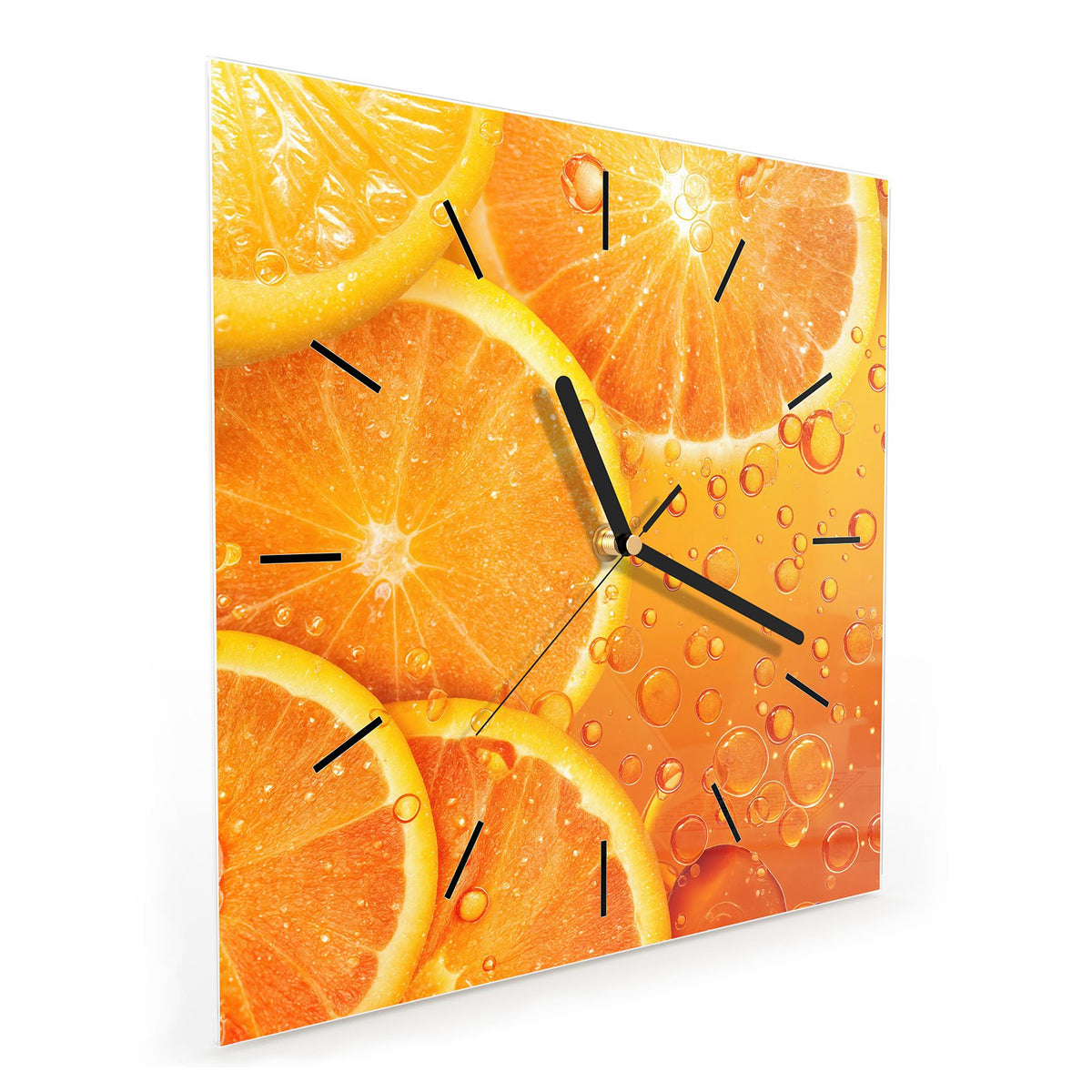 Quadratische Wanduhr aus Glas Sprudelnde Orangen schräg von der Seite, 4 mm starkes Glas